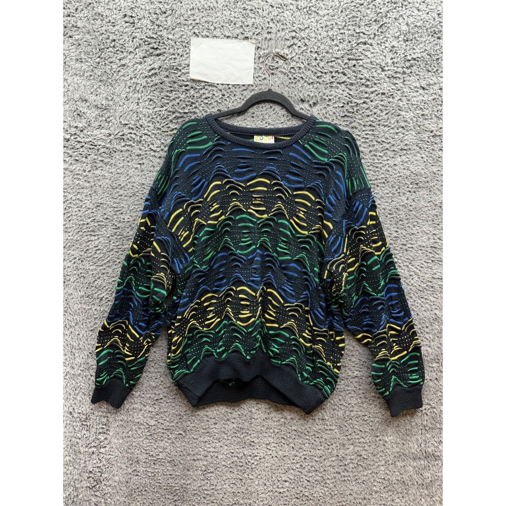Vintage 90s Coogi 3D-Textured Knit Cotton Pullover Sweater Black Multi Size M